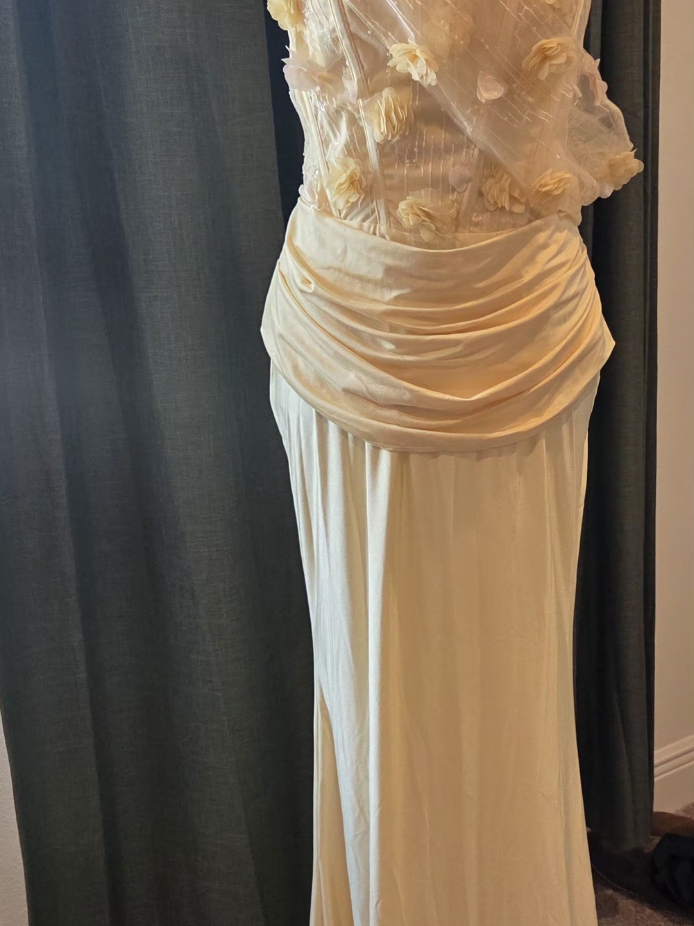 Strapless Floral-Appliqué Satin Gown - Picture 8 of 11
